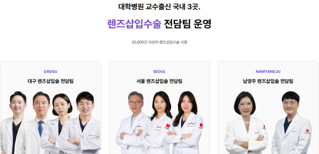 누네안과병원은 각 지역별로 렌즈삽입술 전담팀을 운영하고 있음으로 병원의 시스템에 대해 인증하는 보조자료
